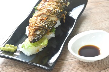 Namizen sushi or slice grilled saba mackerel fish Japanese food topping canbbage dressing wasabi...