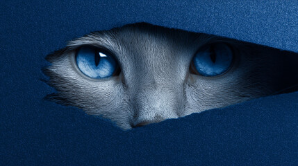 A cat with blue eyes is peeking out from behind a curtain. The blue eyes of the cat are the main focus of the image, and the curtain adds a sense of mystery and intrigue to the scene