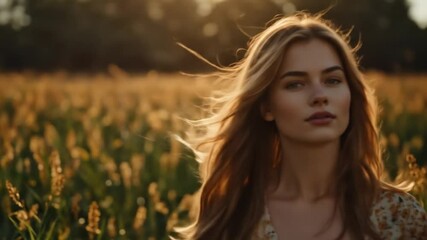 A woman sundress walk at beach sunset  windy hair, and ocean breeze