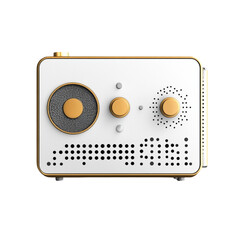 Retro styled audio device with gold accents white faceplate and unique speaker grill design