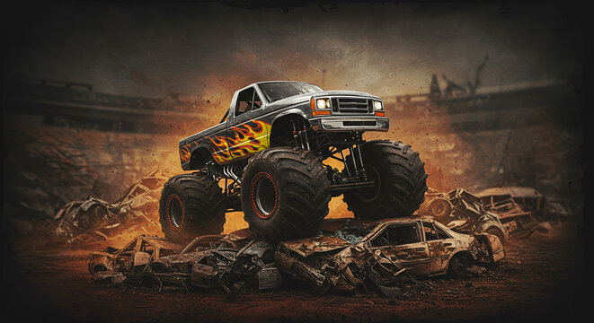 Monster truck crushing cars in a demolition derby arena