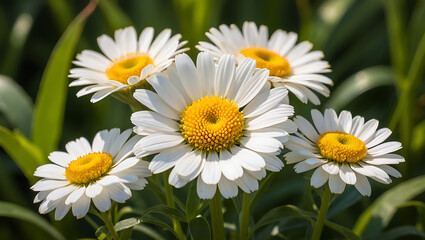 Close-up of four white daisies with yellow centers blooming in a lush green field