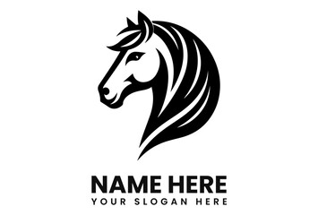 A stylized black and white illustration of a horse's head, logo design.
