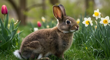 Fototapeta premium Brown Rabbit in Spring Flower Garden