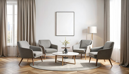 Elegant living room with four comfortable armchairs, a round coffee table, and large window.