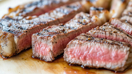 Juicy medium-rare ribeye steak, perfectly grilled. A celebration of rich flavors and culinary mastery.