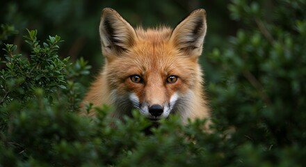 Fototapeta premium Fox hiding in forest bushes with bright eyes