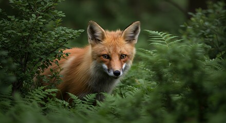 Fox hiding in forest peeking with bright eyes