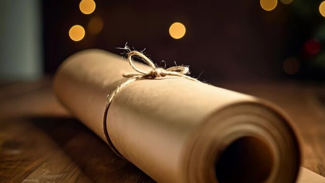 A Kraft paper roll tied with a string sits on a wooden surface, with blurred Christmas lights twinkling in the background.