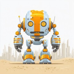 Cute Orange Robot Character Standing in a City