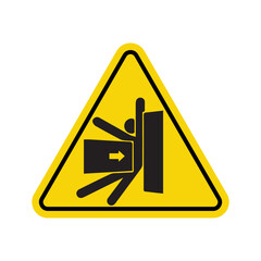 warning sign depicting person caught in closing door hazard with arrow indicating danger zone