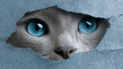 A cat with blue eyes is peeking out from behind a piece of paper. The image has a playful and curious mood, as the cat seems to be looking out into the unknown