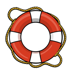 Clean and detailed vector illustration of a classic red and white lifebuoy ring wrapped with yellow rope, isolated on a white background