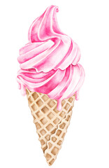 Watercolor illustration of pink ice cream in a waffle cone. Sweet and playful hand painted element for summer packaging, kids fabric, posters, or digital stickers. Isolated on white background.