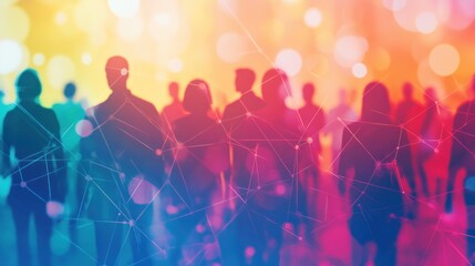 Networked Crowd: Silhouetted People with Connected Lines and Bokeh Background