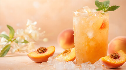Refreshing peach iced tea garnished with mint and fresh peaches in a glass