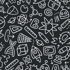Education doodle seamless pattern. Science line hand drawn elements - mathematics formula, chemistry molecule, dna, graph, scientific experiment vector repeated background