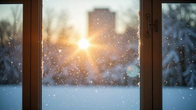 Snowy winter landscape viewed through window with sunlight shining  