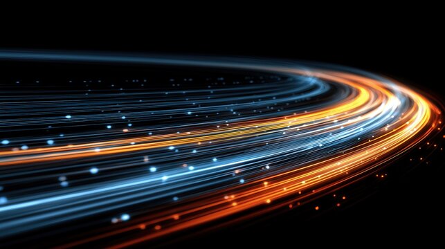 High speed light with blue and orange stripes in abstract, futuristic technological concept, showing motion blur against fast forward timeline background, creating a captivating visual effect that rep