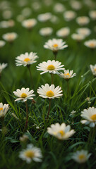 Close-up of white daisies blooming in a lush green field, sunny day