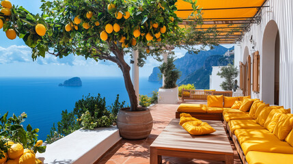 A beautiful view of the ocean with a lemon tree in the background. The lemon tree is covered in lemons and the view is serene and peaceful