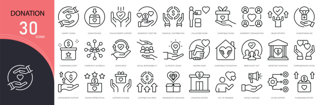 Donation related icon collections. Containing charity, giving, heart, hand, box, help, fund, support, nonprofit, and contribution icons.  Outline icons.