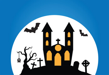 Funny Halloween Church Silhouette in Moonlight with Bats and Graveyard. Autumn holiday cultural and religious event concept vector art