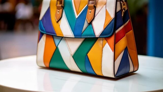 Stylish geometric color block handbag with brown leather handle rests on a white table, blending modern fashion design.