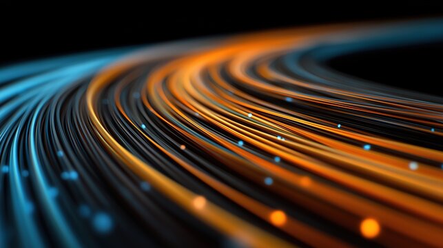 High speed light with blue and orange stripes in abstract, futuristic technological concept, showing motion blur against fast forward timeline background, creating a captivating visual effect that rep
