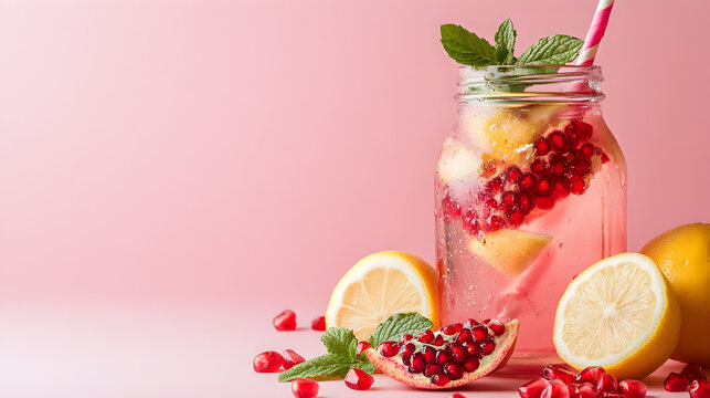 Refreshing pink lemonade garnished with pomegranate and mint in a mason jar
