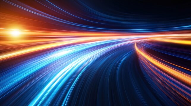 High speed light with blue and orange stripes in abstract, futuristic technological concept, showing motion blur against fast forward timeline background, creating a captivating visual effect that rep