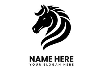 Stylized black horse head logo design, featuring a flowing mane on a white background.