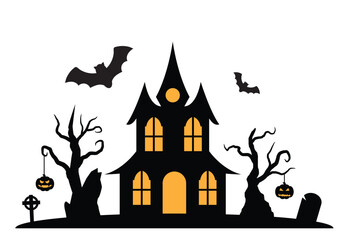 Scary Halloween Mansion or Church Silhouette with Bats and Pumpkins. Autumn holiday cultural and religious event concept vector art