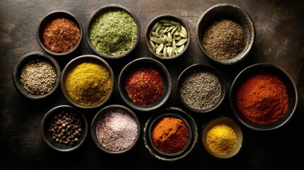 Assortment of aromatic spices in dark bowls on rustic surface, featuring cumin, cardamom, turmeric, chili flakes, paprika, peppercorns, and salt.
