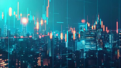 Night cityscape with financial data overlay, showcasing market trends and technology - Powered by Adobe