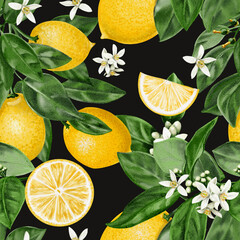  Seamless pattern with lemons. Citrus flowers on a branch with leaves and fruits. Vintage summer pattern for fabric. Small white flowers. Watercolor illustration on a dark background. Hand drawn.
