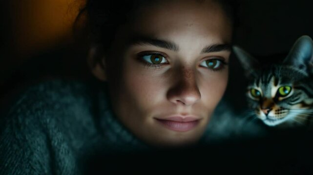 Woman with cat looking at computer screen late at night indoors, soft glow on face from the display, dark room
