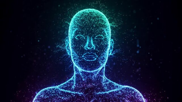 Abstract human silhouette formed by colorful glowing particles  