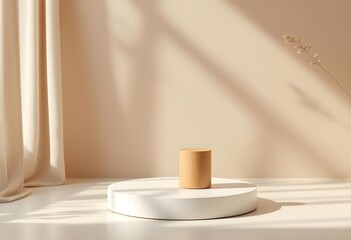 Minimalist beige studio scene with wooden cylinder on white platform, sunlight shadows