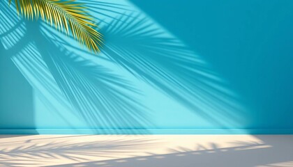 Minimalist palm leaf shadows on blue wall, pastel floor Tropical summer beach background, empty room,  abstract,  simple