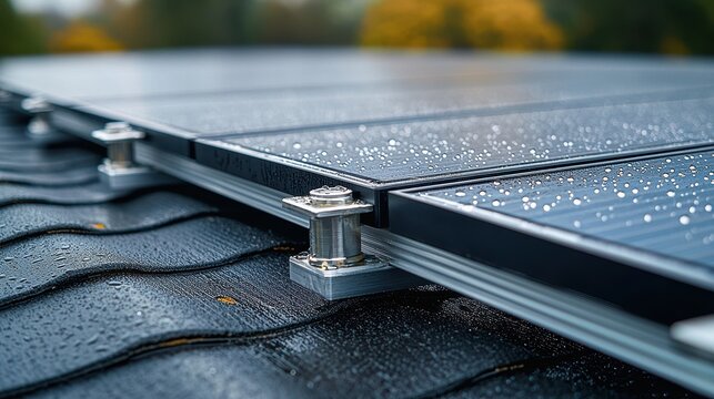 Solar panel mounting system aluminum rails with stainless steel bolts on composition shingle roof with morning dew droplets
