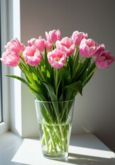 Pink Tulips in Glass Vase by Window