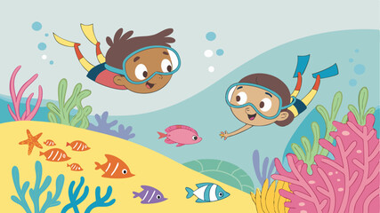 Two cartoon children snorkeling in ocean with colorful fish and coral reef on light blue background scene