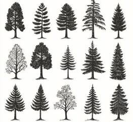 Obraz premium Outdoor travel badges display modern illustrations of abstract coniferous tree drawings with black silhouettes of pine, spruce, cedar, and plant leaves on natural tops