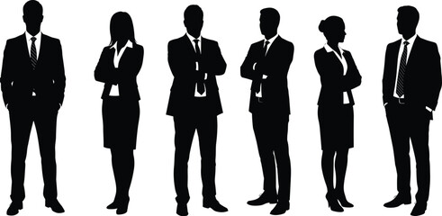 Professional businesspeople silhouette team in formal office attire standing with confident posture, black vector illustration, leadership, corporate workforce, 