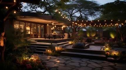 Elegantly Lit Backyard Patio at Dusk with Stone Walkway and String Lights