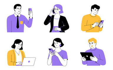 "People Using Phones, Tablets, and Laptops Flat Vector"
