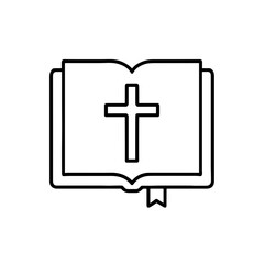 Obraz premium Open Bible icon in outline style – Christian holy scripture with cross
