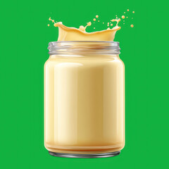 Glass jar filled with a creamy liquid and a splash against a solid green colored background studio shot