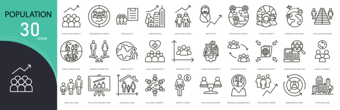 Population related icon collections. Containing people, growth, census, demographic, statistics, data, community, society, survey, and distribution icons. Outline icons.